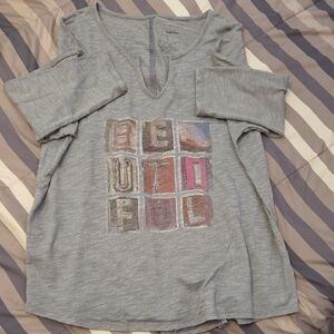 Sonoma Heather Gray Top With "Beautiful" Logo On Front